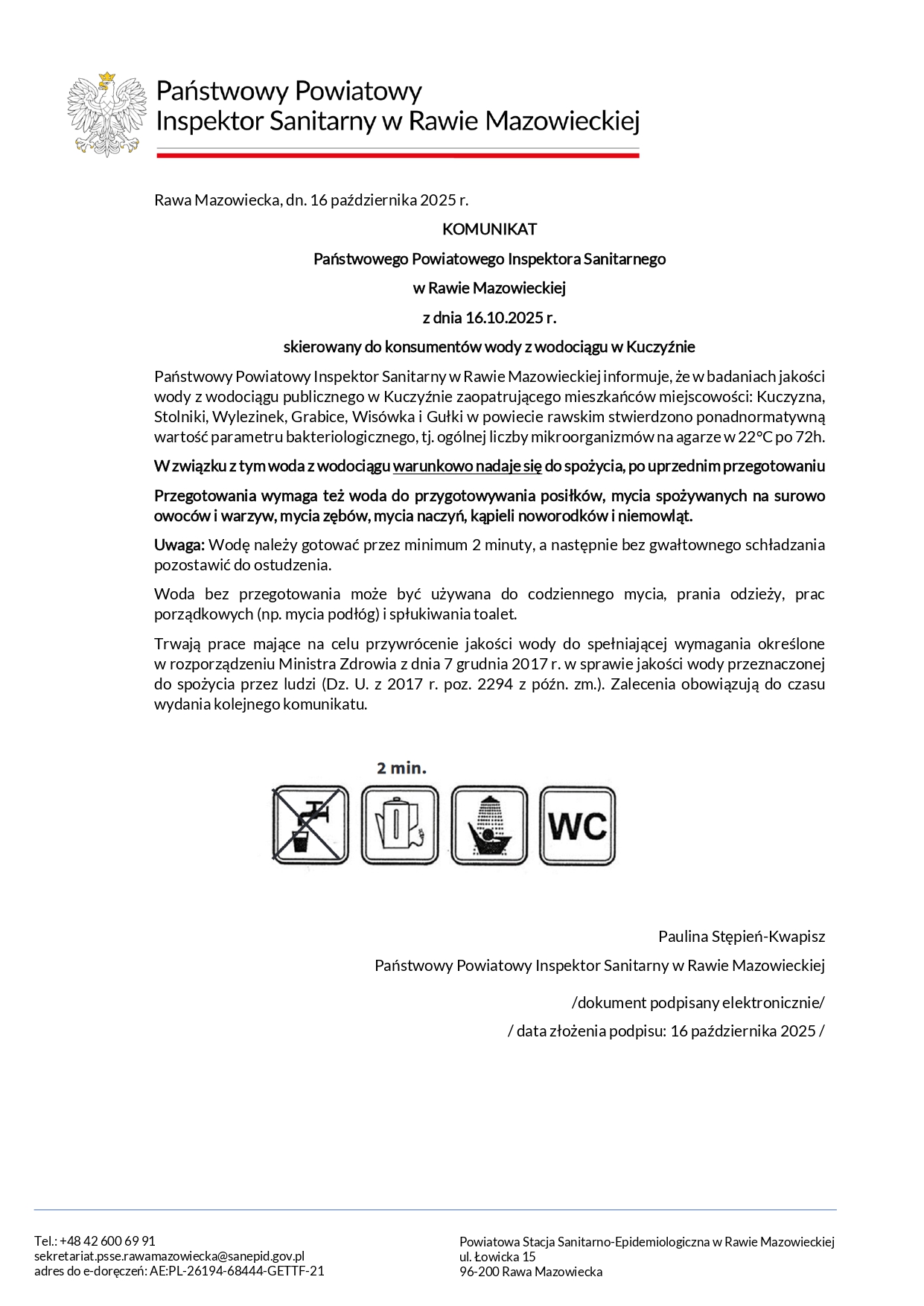 Komunikat dla konmumentów wody z wodociągu w Kuczyźnie